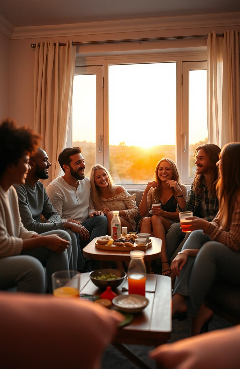 A cozy gathering of friends in a warm, inviting living room setting