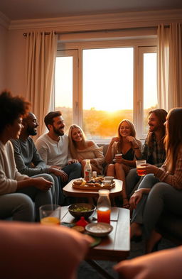 A cozy gathering of friends in a warm, inviting living room setting