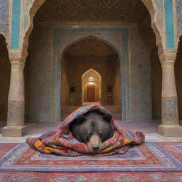 A large, peaceful bear dozing under a cozy blanket amidst the richly patterned Iranian architecture and vivid colors of a historic Persian setting.