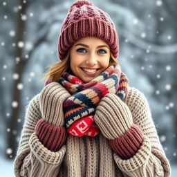 A young woman bundled up in warm, thick winter clothes, featuring a cozy oversized sweater and a stylish knit hat