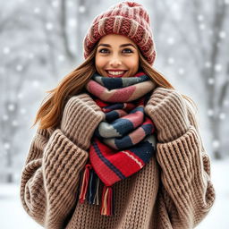 A young woman bundled up in warm, thick winter clothes, featuring a cozy oversized sweater and a stylish knit hat