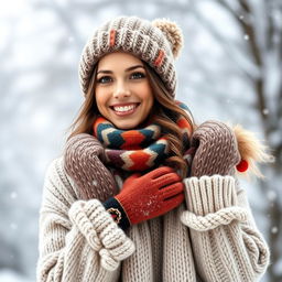 A young woman bundled up in warm, thick winter clothes, featuring a cozy oversized sweater and a stylish knit hat