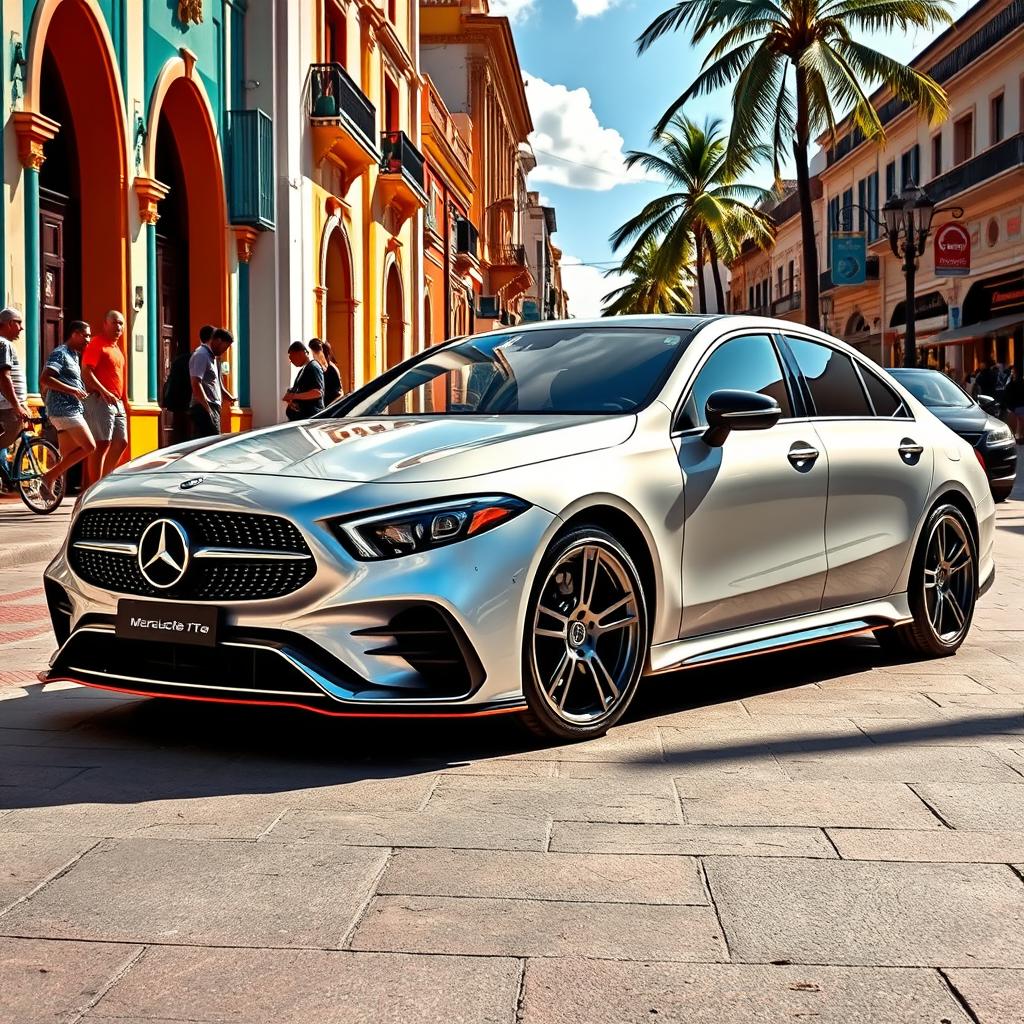 A luxurious Mercedes-Benz EQS, equipped with an eye-catching body kit that accentuates its sleek design and electric performance, showcased in the vibrant streets of Santo Domingo