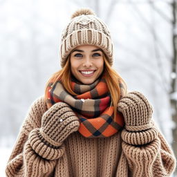 A young woman bundled up in warm, thick winter clothes, featuring a cozy oversized sweater and a stylish knit hat