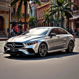 A luxurious Mercedes-Benz EQS, equipped with an eye-catching body kit that accentuates its sleek design and electric performance, showcased in the vibrant streets of Santo Domingo