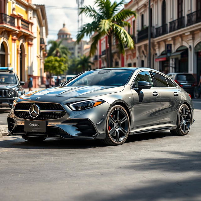 A luxurious Mercedes-Benz EQS, equipped with an eye-catching body kit that accentuates its sleek design and electric performance, showcased in the vibrant streets of Santo Domingo