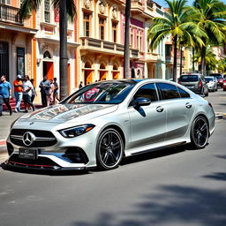 A luxurious Mercedes-Benz EQS, equipped with an eye-catching body kit that accentuates its sleek design and electric performance, showcased in the vibrant streets of Santo Domingo