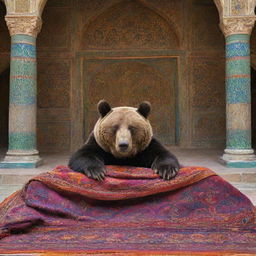 A large, peaceful bear dozing under a cozy blanket amidst the richly patterned Iranian architecture and vivid colors of a historic Persian setting.