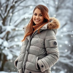 A young woman dressed in a stylish, thick winter puffer jacket against a snowy background with snowflakes gently falling around her
