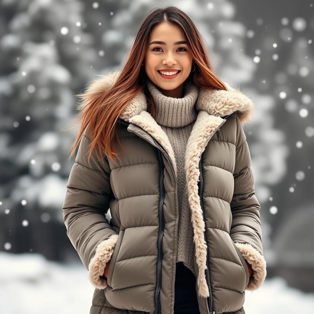 A young woman dressed in a stylish, thick winter puffer jacket against a snowy background with snowflakes gently falling around her