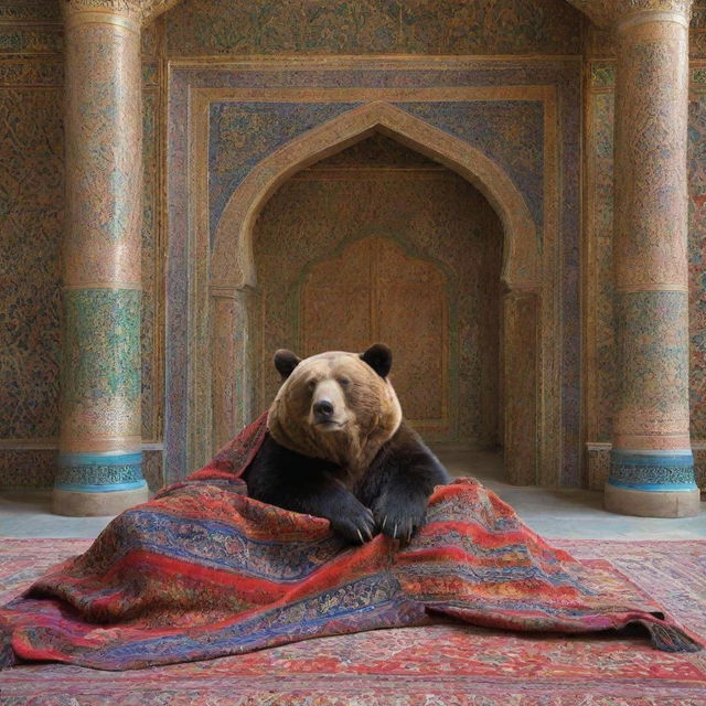 A large, peaceful bear dozing under a cozy blanket amidst the richly patterned Iranian architecture and vivid colors of a historic Persian setting.