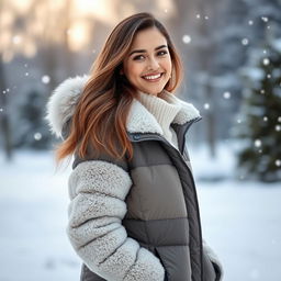 A young woman dressed in a stylish, thick winter puffer jacket against a snowy background with snowflakes gently falling around her