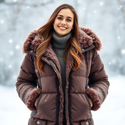 A young woman dressed in a stylish, thick winter puffer jacket against a snowy background with snowflakes gently falling around her