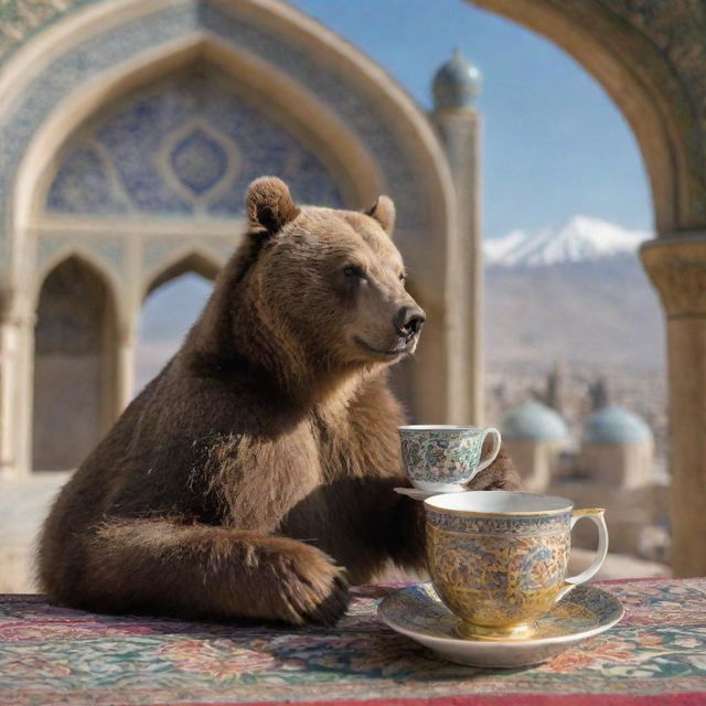 A fuzzy brown bear leisurely drinking tea from an intricately detailed Persian tea cup, with Iran's unique architecture and landscape in the background.