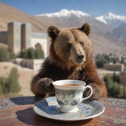 A fuzzy brown bear leisurely drinking tea from an intricately detailed Persian tea cup, with Iran's unique architecture and landscape in the background.