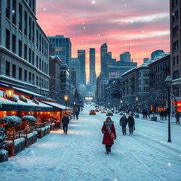 A stunning winter cityscape featuring a snow-covered urban environment