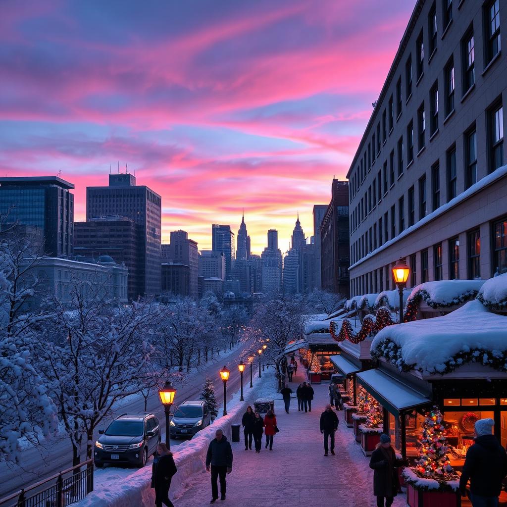 A stunning winter cityscape featuring a snow-covered urban environment