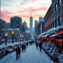 A stunning winter cityscape featuring a snow-covered urban environment