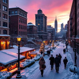 A stunning winter cityscape featuring a snow-covered urban environment