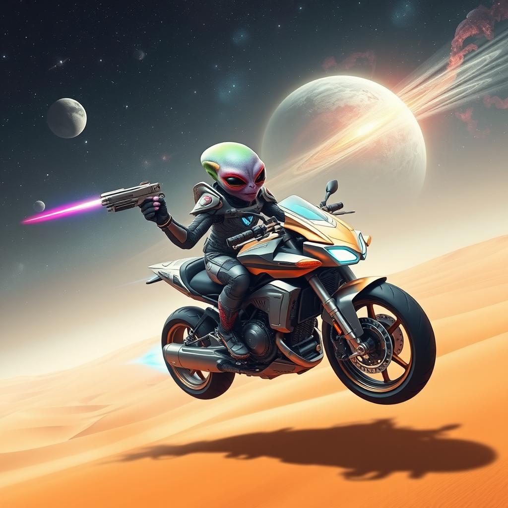 An alien in futuristic armor is riding a hybrid motorcycle-spaceship, which is hovering over a desert dune