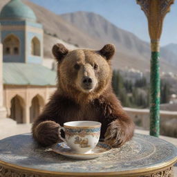 A fuzzy brown bear leisurely drinking tea from an intricately detailed Persian tea cup, with Iran's unique architecture and landscape in the background.