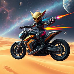 An alien in futuristic armor is riding a hybrid motorcycle-spaceship, which is hovering over a desert dune