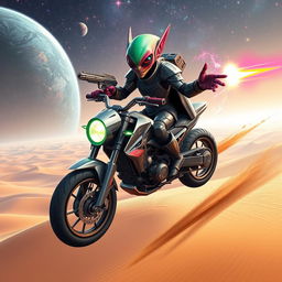 An alien in futuristic armor is riding a hybrid motorcycle-spaceship, which is hovering over a desert dune