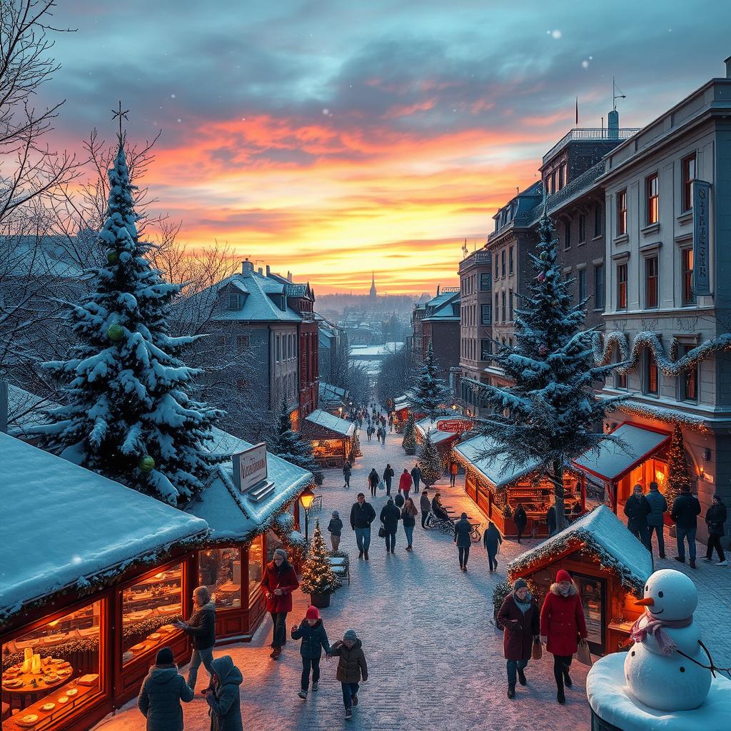 A vibrant winter cityscape during Christmas, showcasing a snow-covered urban environment