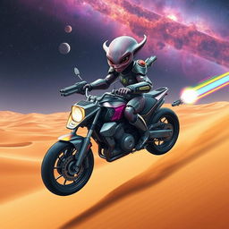 An alien in futuristic armor is riding a hybrid motorcycle-spaceship, which is hovering over a desert dune