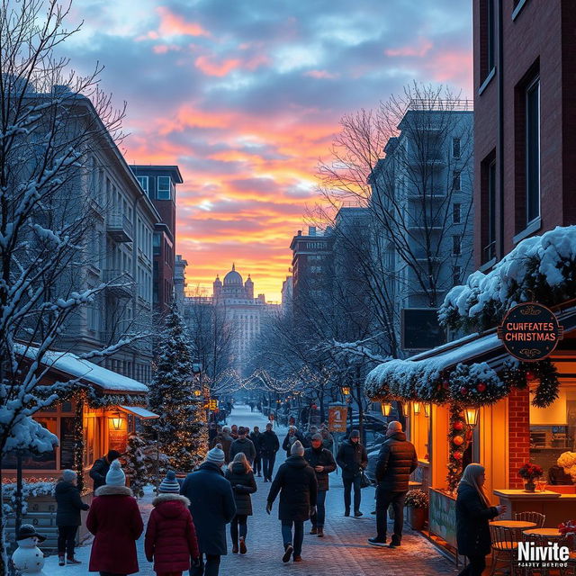 A vibrant winter cityscape during Christmas, showcasing a snow-covered urban environment