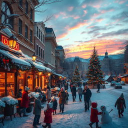 A vibrant winter cityscape during Christmas, showcasing a snow-covered urban environment