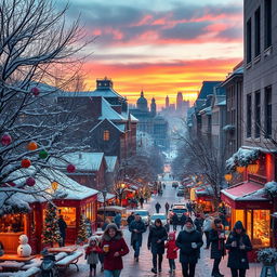 A vibrant winter cityscape during Christmas, showcasing a snow-covered urban environment