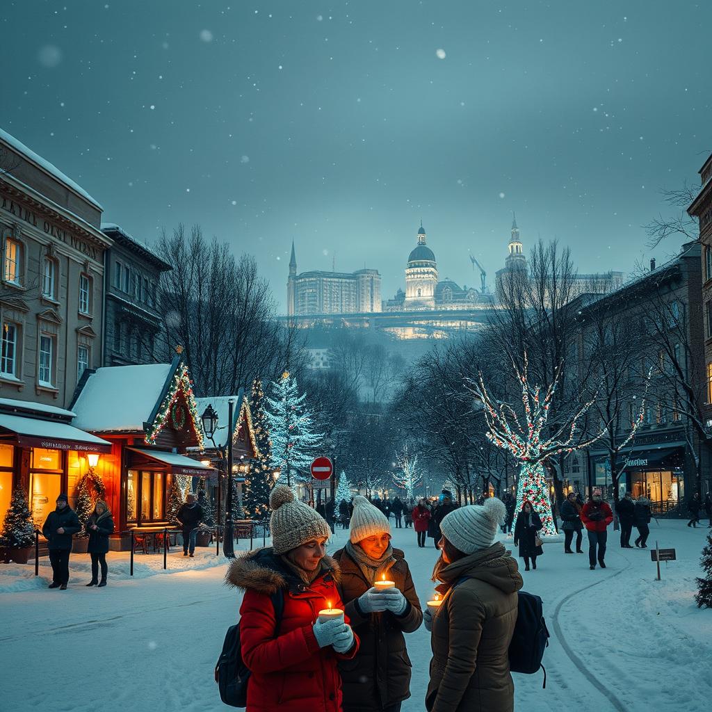 A captivating winter cityscape at night during Christmas, showcasing a snow-covered urban environment