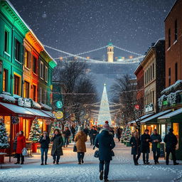 A captivating winter cityscape at night during Christmas, showcasing a snow-covered urban environment