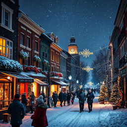 A captivating winter cityscape at night during Christmas, showcasing a snow-covered urban environment