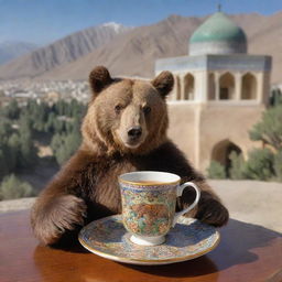 A fuzzy brown bear leisurely drinking tea from an intricately detailed Persian tea cup, with Iran's unique architecture and landscape in the background.