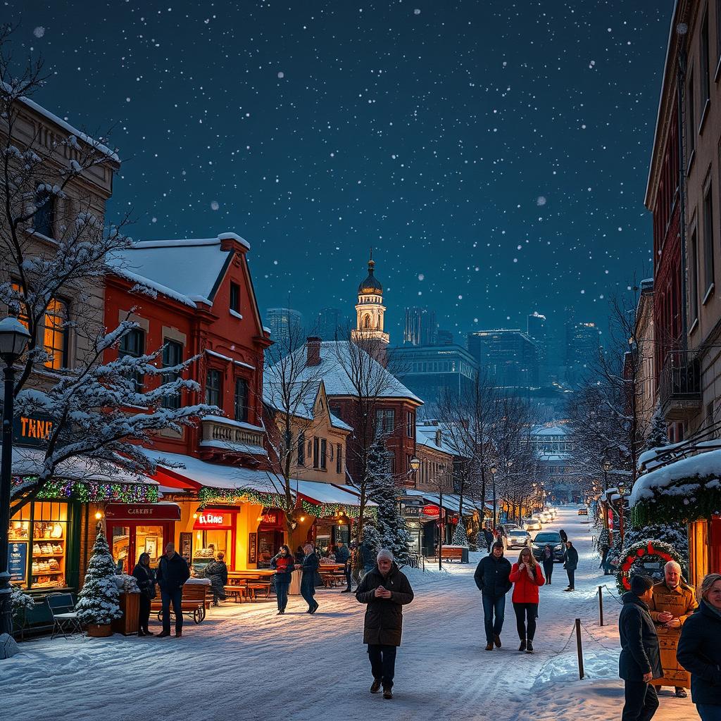 A captivating winter cityscape at night during Christmas, showcasing a snow-covered urban environment