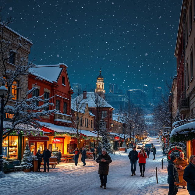 A captivating winter cityscape at night during Christmas, showcasing a snow-covered urban environment