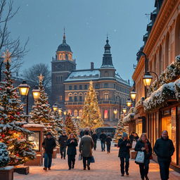 A picturesque snowy city at night during Christmas, glowing with festive lights