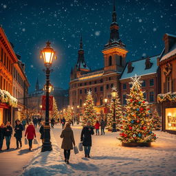 A picturesque snowy city at night during Christmas, glowing with festive lights