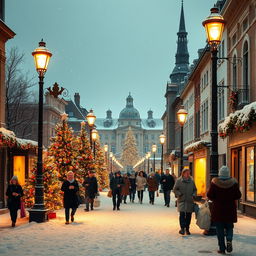 A picturesque snowy city at night during Christmas, glowing with festive lights