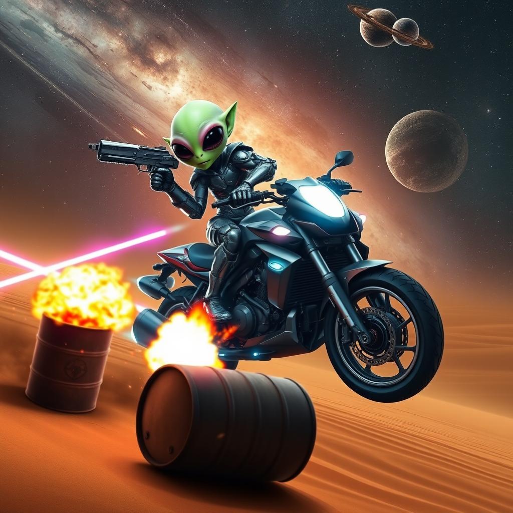 An alien in advanced futuristic armor is perched confidently on the handlebar of a motorcycle hybrid with a rocket-bottom spaceship, hovering over a vast desert dune