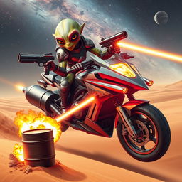 An alien in advanced futuristic armor is perched confidently on the handlebar of a motorcycle hybrid with a rocket-bottom spaceship, hovering over a vast desert dune