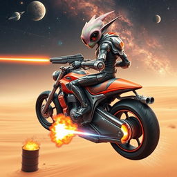 An alien in advanced futuristic armor is perched confidently on the handlebar of a motorcycle hybrid with a rocket-bottom spaceship, hovering over a vast desert dune