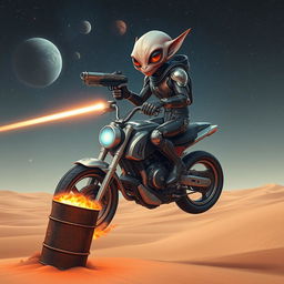 An alien in advanced futuristic armor is perched confidently on the handlebar of a motorcycle hybrid with a rocket-bottom spaceship, hovering over a vast desert dune