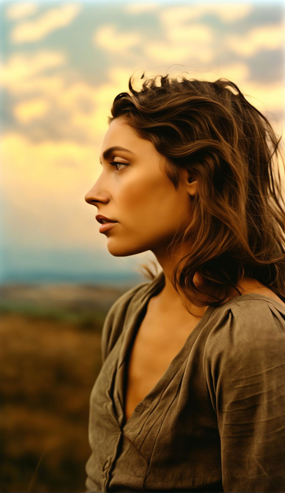 Unfiltered, unedited ultra high-resolution 36k real-life candid photograph in Dorothea Lange style of a beautiful 27-year-old woman with facial symmetry, round pupils, long eyelashes, full lips in side profile, low light, low angle against a landscape with clouds at sunset. Upper body shot showcasing detailed human skin and thick hair.