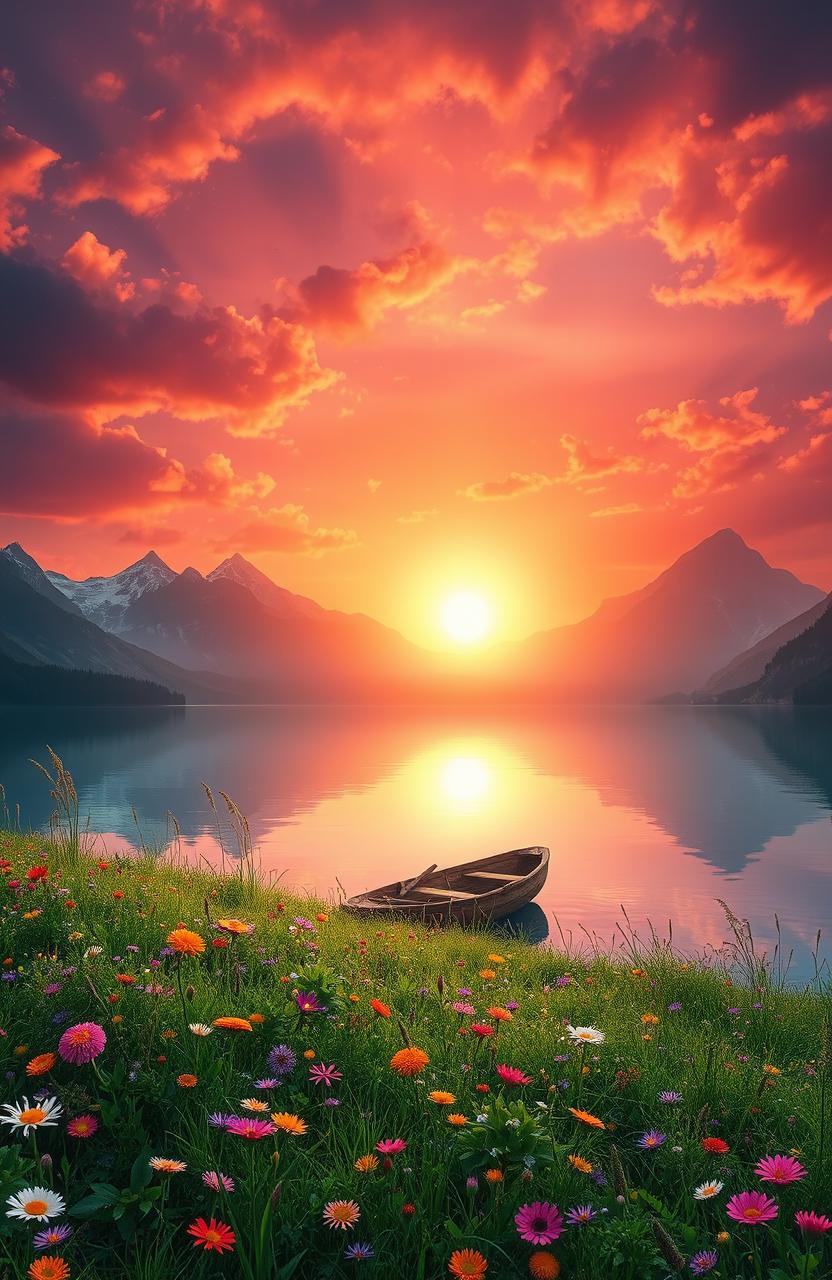 A stunning fantasy landscape featuring a radiant sun setting over a tranquil lake, surrounded by majestic mountains