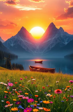 A stunning fantasy landscape featuring a radiant sun setting over a tranquil lake, surrounded by majestic mountains