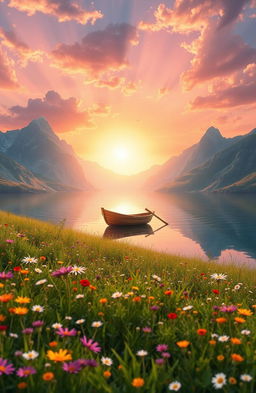 A stunning fantasy landscape featuring a radiant sun setting over a tranquil lake, surrounded by majestic mountains