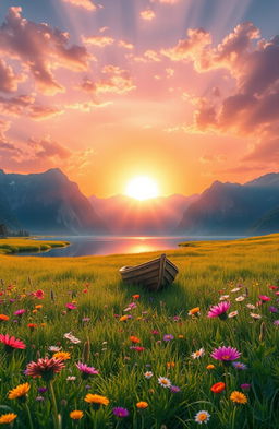 A stunning fantasy landscape featuring a radiant sun setting over a tranquil lake, surrounded by majestic mountains